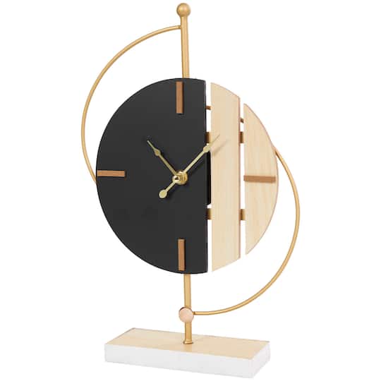 CosmoLiving by Cosmopolitan 14&#x22; Black Wooden Geometric Two-Toned Clock with Wood Accents &#x26; Gold Semicircle Frame